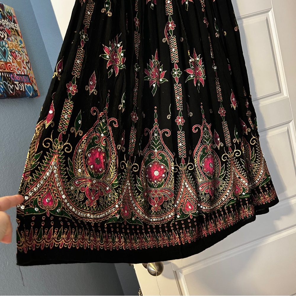 Boho Black and Pink Embroidered Sequin Bling Floral Maxi Skirt - One Size